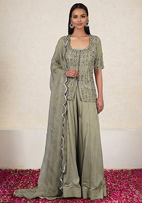 Green Kurta Set With Hand Embroidered Palazzo And Dupatta