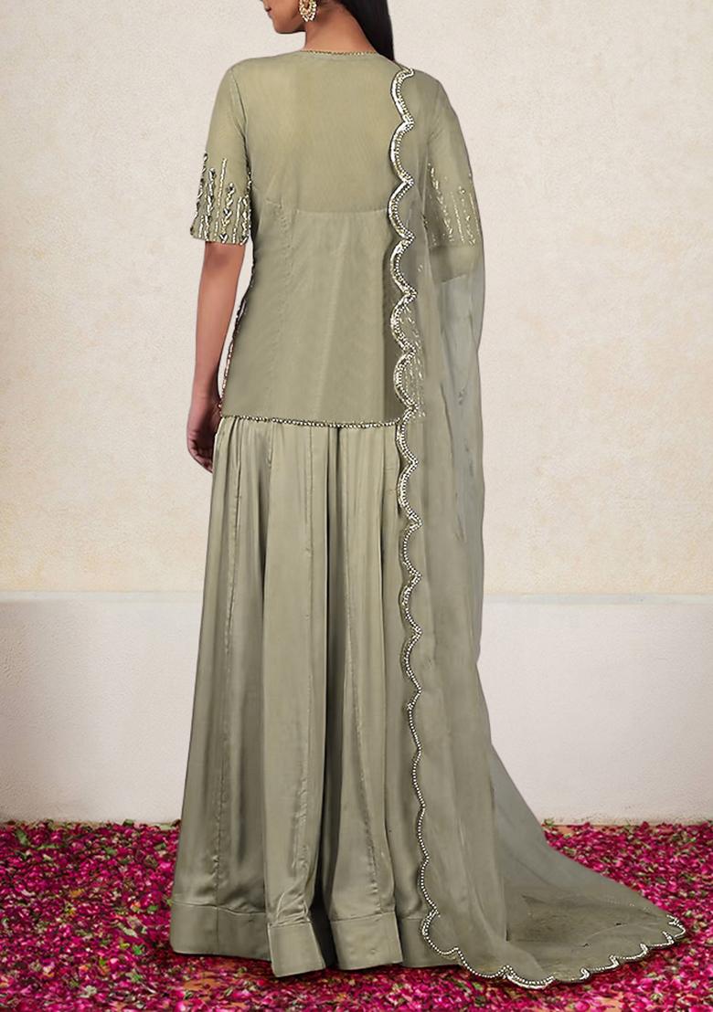 Green Kurta Set With Hand Embroidered Palazzo And Dupatta