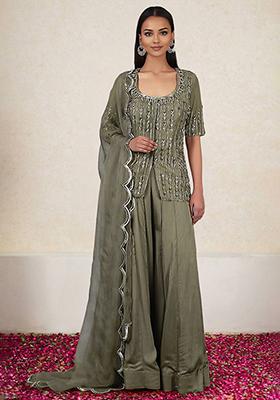 Green Kurta Set With Hand Embroidered Palazzo And Dupatta