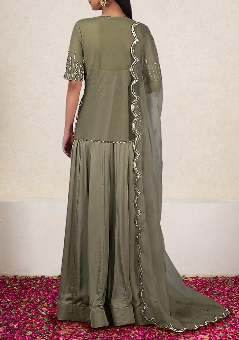 Green Kurta Set With Hand Embroidered Palazzo And Dupatta