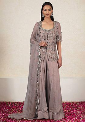 Dusty Purple Kurta Set With Hand Embroidered Palazzo And Dupatta