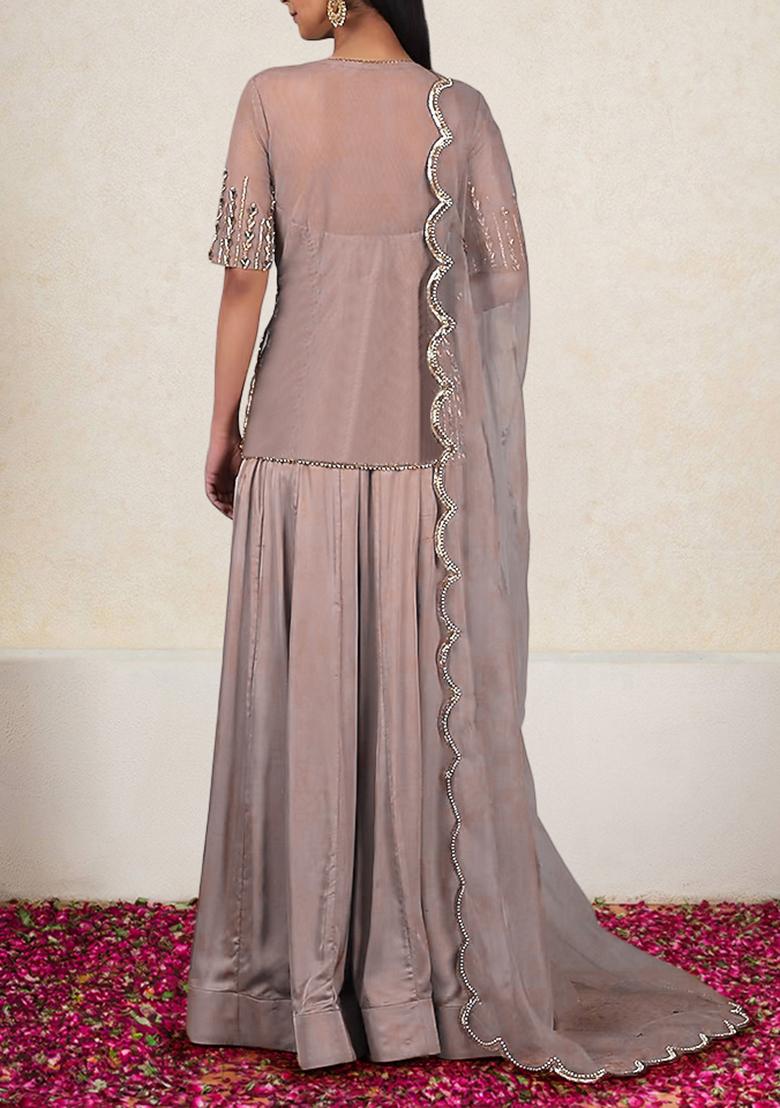 Dusty Purple Kurta Set With Hand Embroidered Palazzo And Dupatta