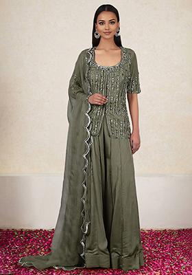 Olive Green Kurta Set With Hand Embroidered Palazzo And Dupatta