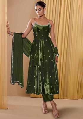 Olive Green Palazzo Set With Hand Embroidered Kurta And Dupatta