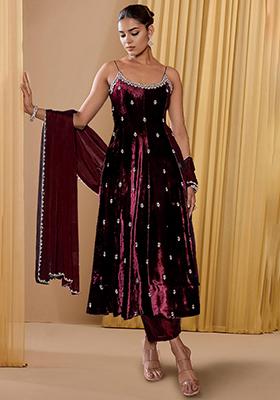 Burgundy Palazzo Set With Hand Embroidered Kurta And Dupatta