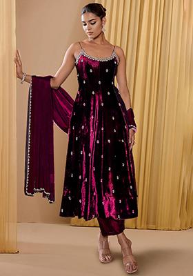 Magenta Palazzo Set With Hand Embroidered Kurta And Dupatta