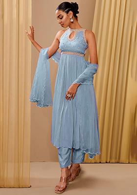 Sky Blue Kurta Set With Hand Embroidered Pant And Dupatta