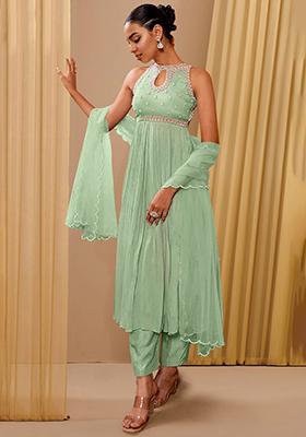 Light Green Kurta Set With Hand Embroidered Pant And Dupatta