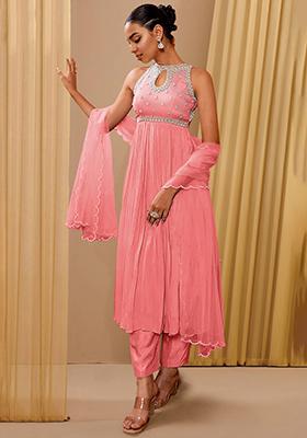 Pink Kurta Set With Hand Embroidered Pant And Dupatta