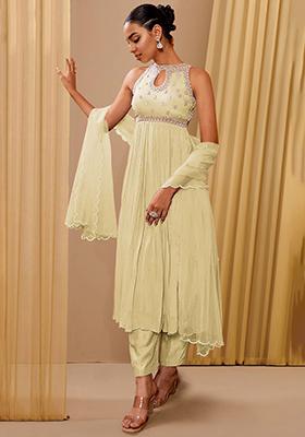 Yellow Kurta Set With Hand Embroidered Pant And Dupatta