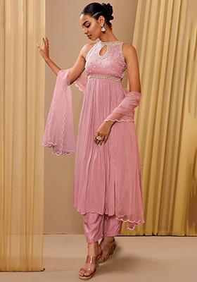Blush Pink Kurta Set With Hand Embroidered Pant And Dupatta