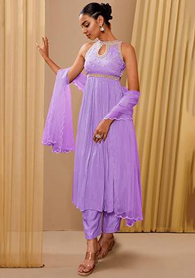 Purple Kurta Set With Hand Embroidered Pant And Dupatta
