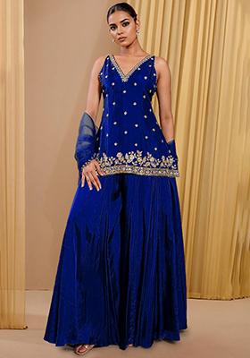Dark Blue Sharara Set With Hand Embroidered Kurta And Dupatta
