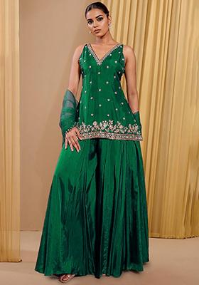 Dark Green Sharara Set With Hand Embroidered Kurta And Dupatta