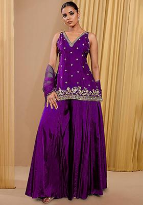 Violet Sharara Set With Hand Embroidered Kurta And Dupatta