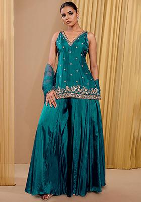 Blue Sharara Set With Hand Embroidered Kurta And Dupatta