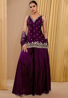 Blue Sharara Set With Hand Embroidered Kurta And Dupatta