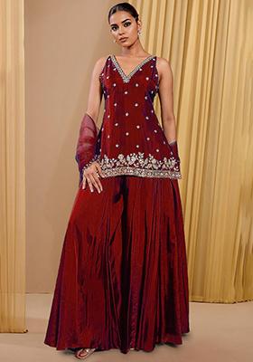 Red Sharara Set With Hand Embroidered Kurta And Dupatta