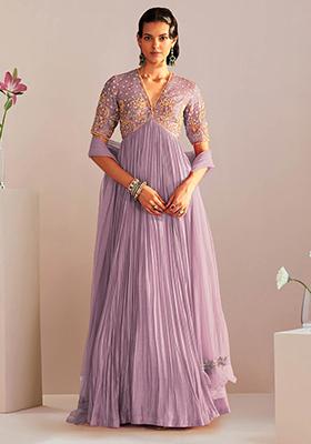 Lavender Anarkali Set With Hand Embroidered Dupatta