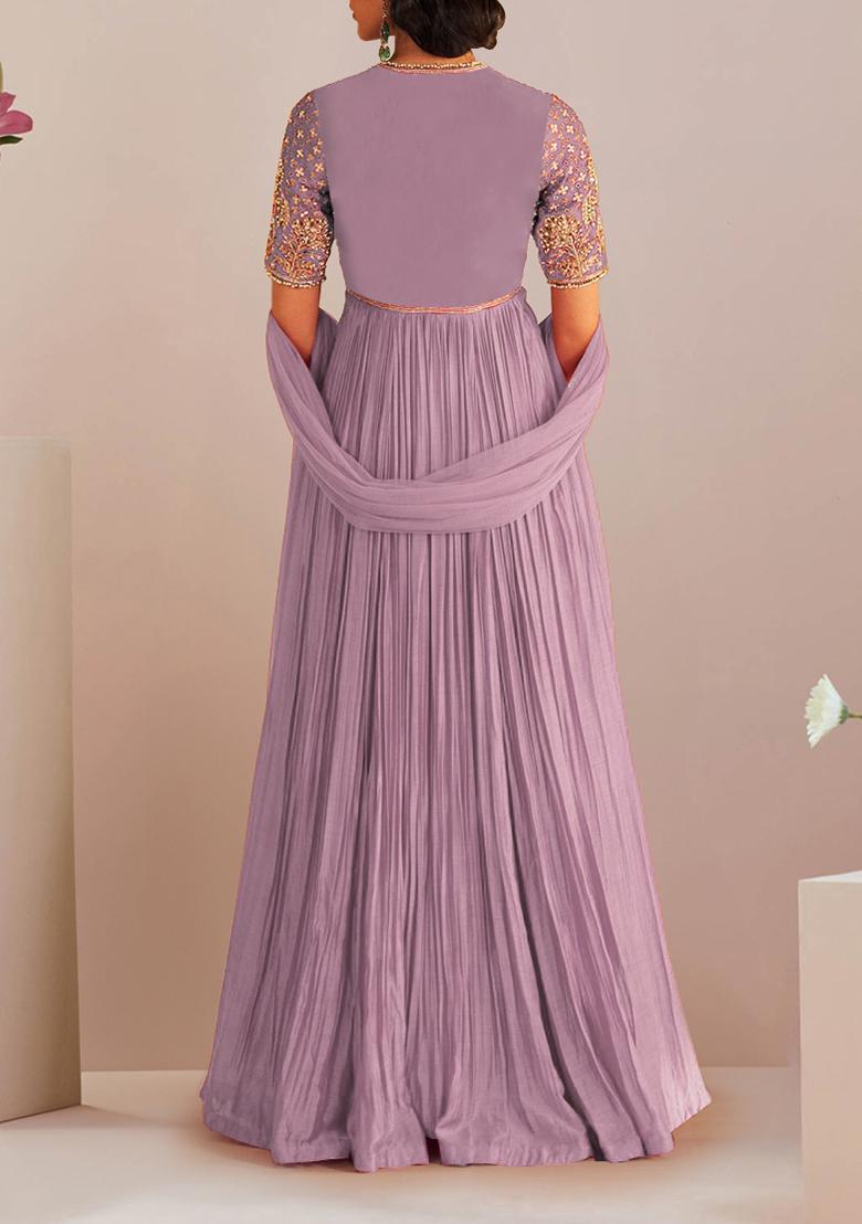Lavender Anarkali Set With Hand Embroidered Dupatta