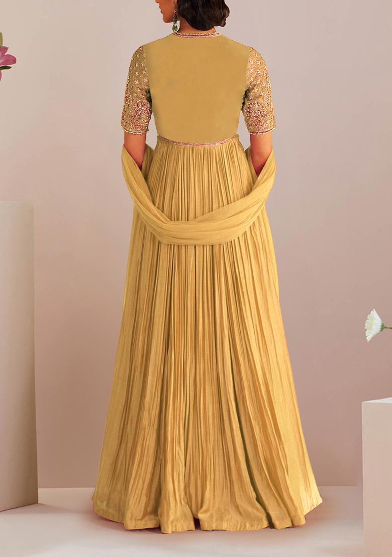 Yellow Anarkali Set With Hand Embroidered Dupatta