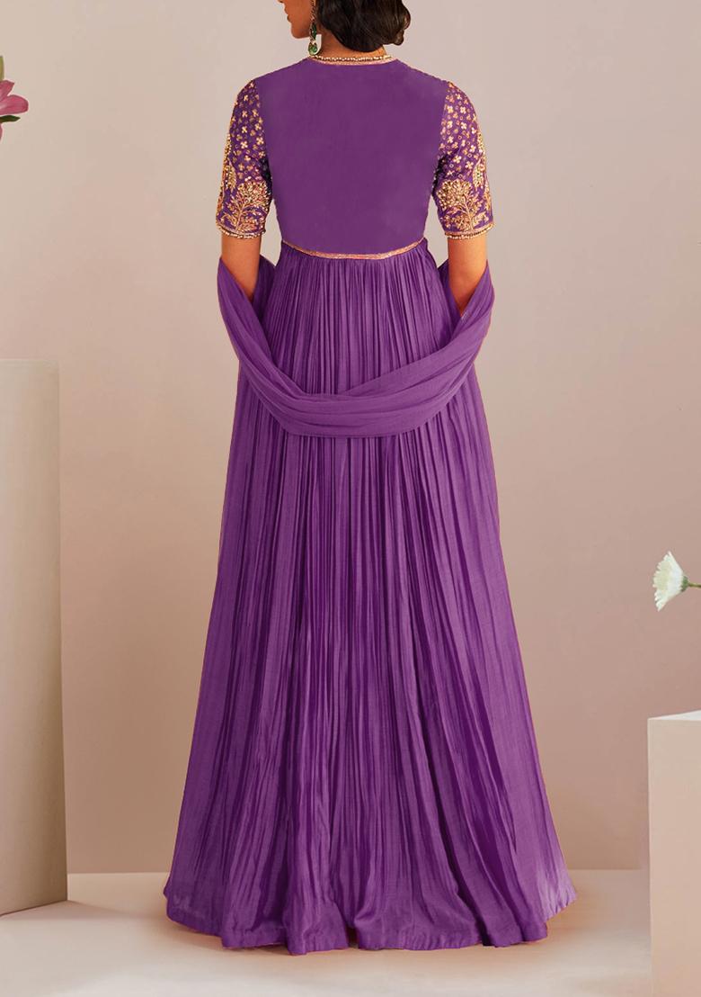 Lavender Anarkali Set With Hand Embroidered Dupatta