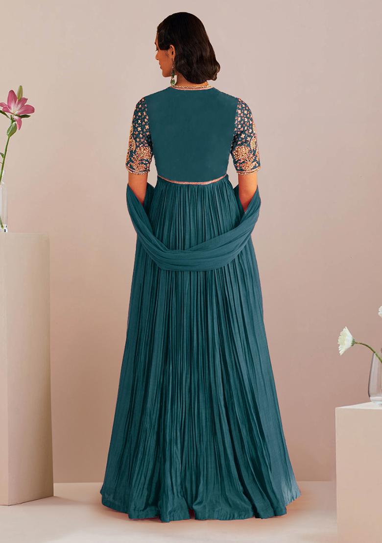 Teal Blue Anarkali Set With Hand Embroidered Dupatta