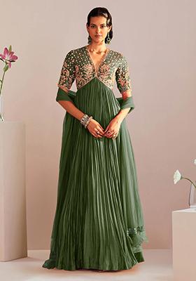 Dark Green Anarkali Set With Hand Embroidered Dupatta