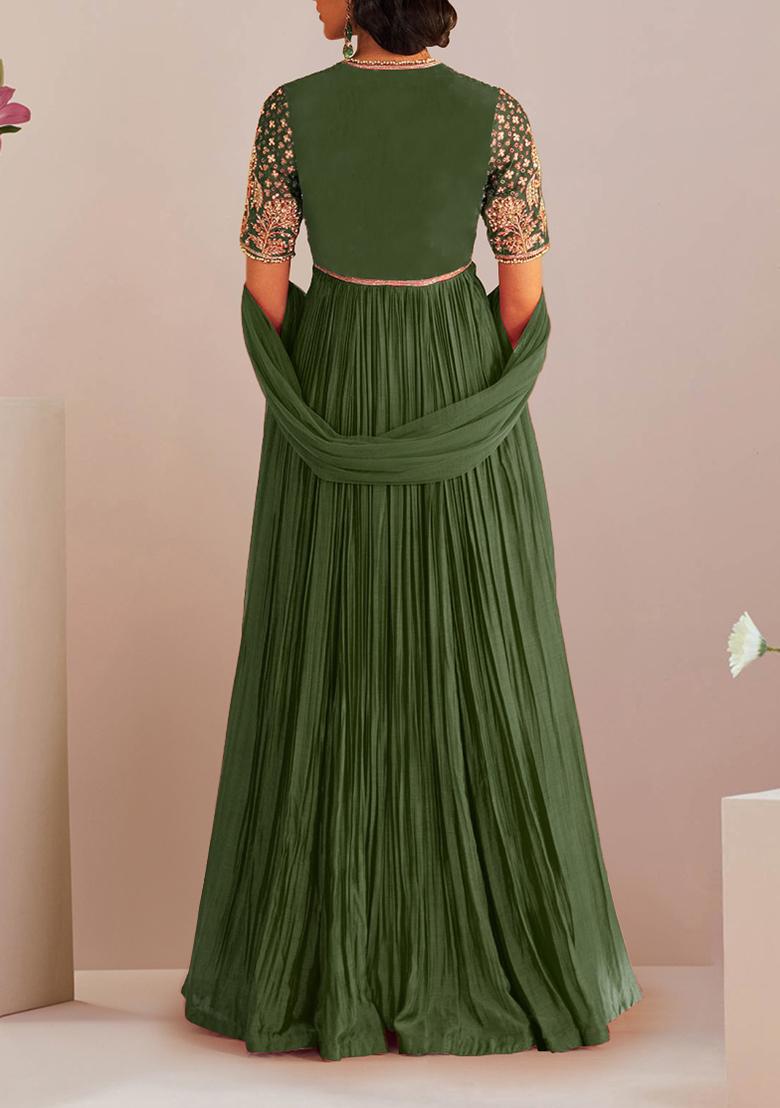 Dark Green Anarkali Set With Hand Embroidered Dupatta