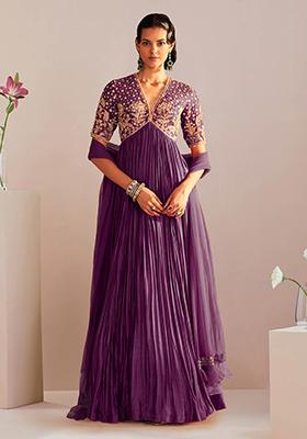 Violet Anarkali Set With Hand Embroidered Dupatta