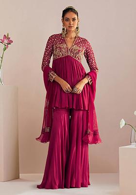 Pink Sharara Set With Hand Embroidered Kurta And Dupatta