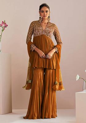 Mustard Sharara Set With Hand Embroidered Kurta And Dupatta