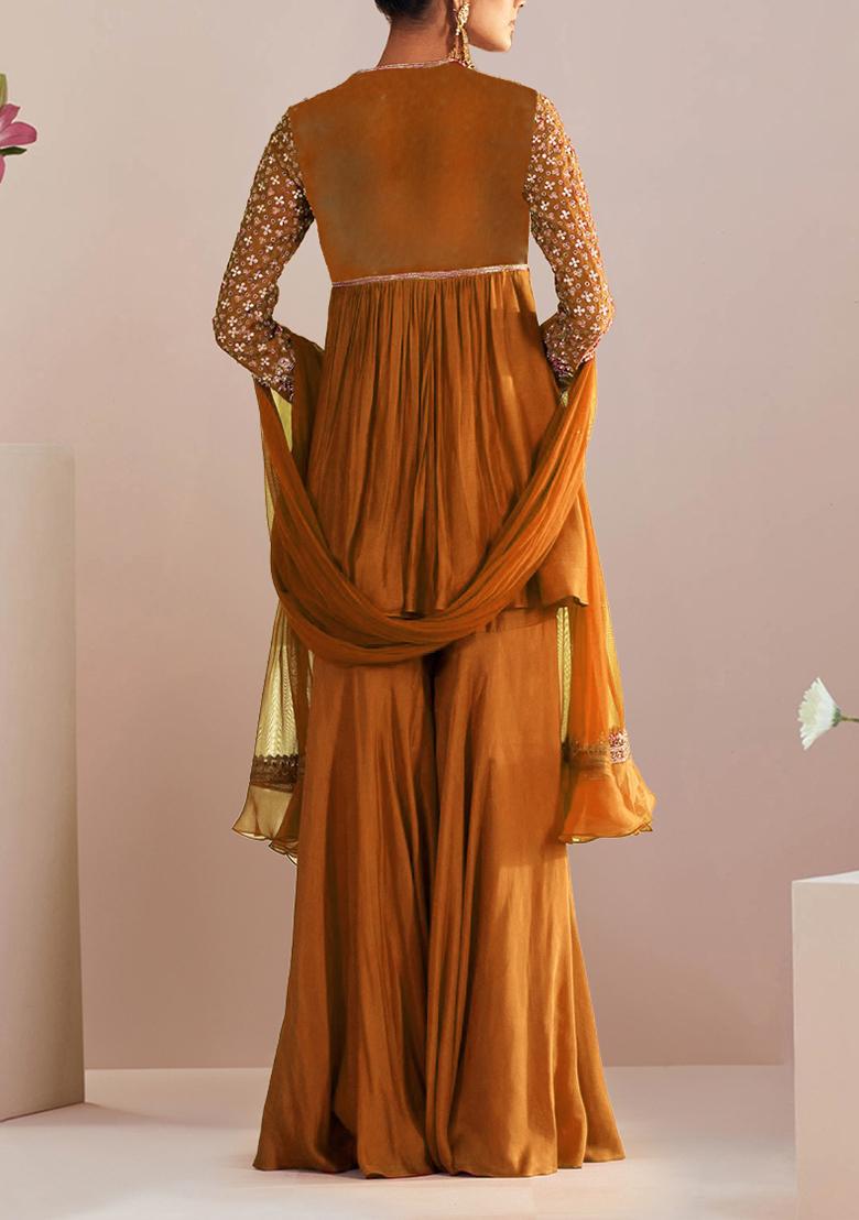 Mustard Sharara Set With Hand Embroidered Kurta And Dupatta