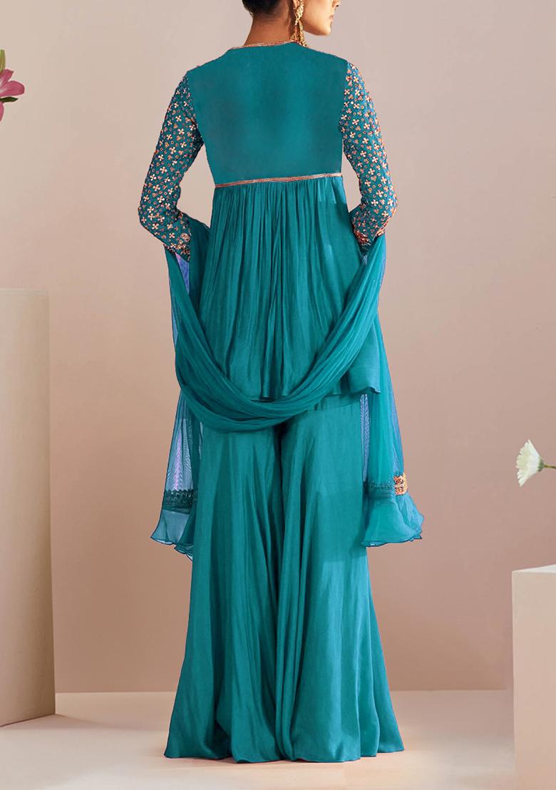 Green Sharara Set With Hand Embroidered Kurta And Dupatta