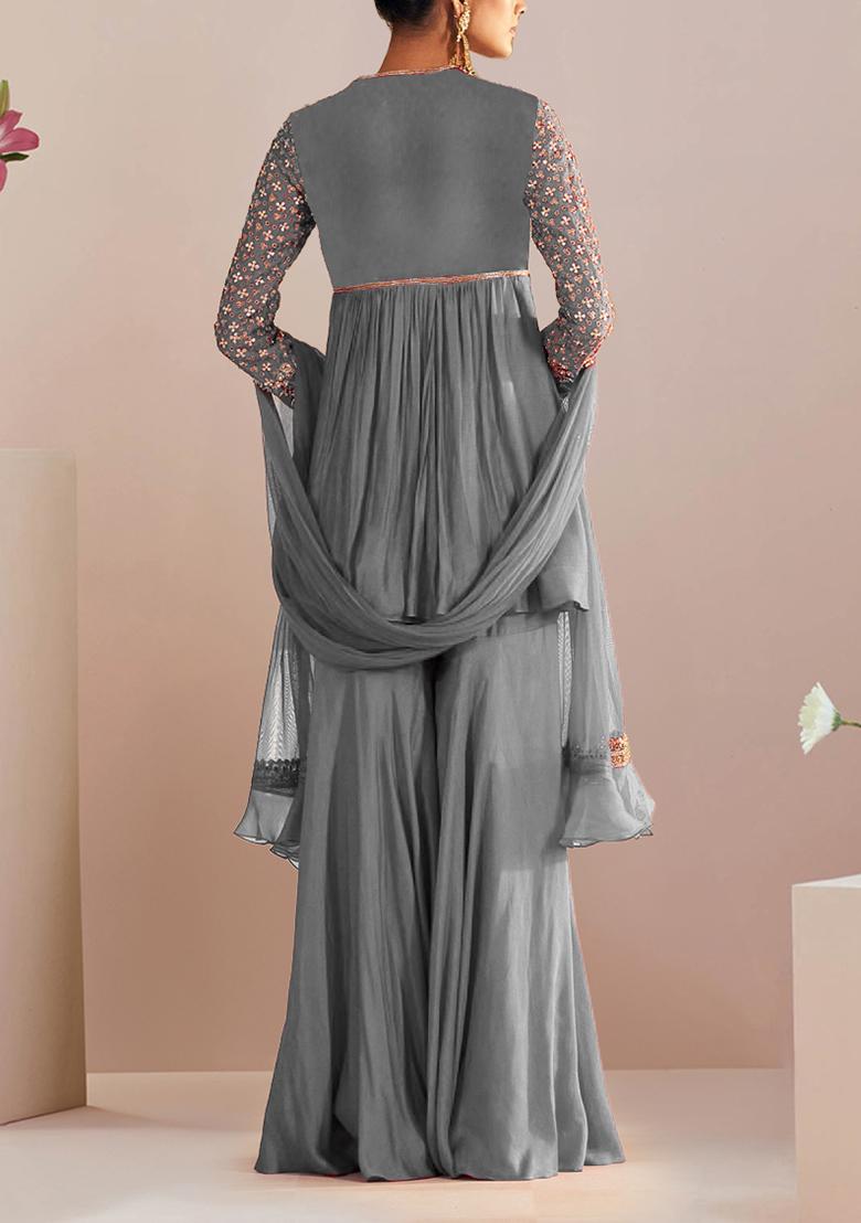 Grey Sharara Set With Hand Embroidered Kurta And Dupatta