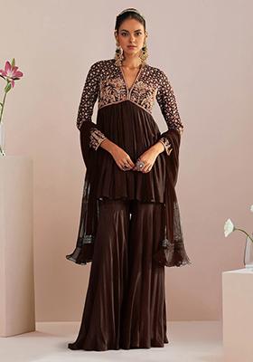 Dark Brown Sharara Set With Hand Embroidered Kurta And Dupatta