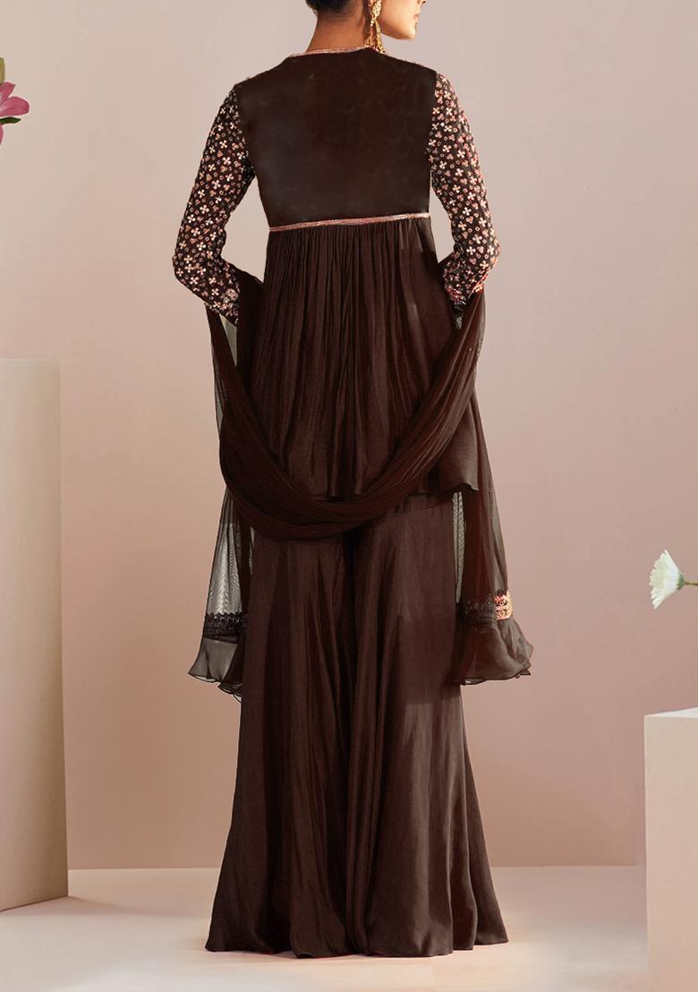 Dark Brown Sharara Set With Hand Embroidered Kurta And Dupatta