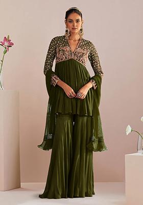 Green Sharara Set With Hand Embroidered Kurta And Dupatta