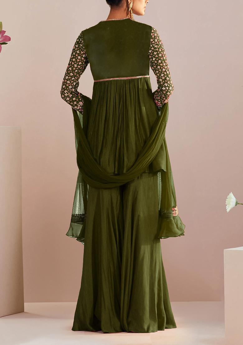 Green Sharara Set With Hand Embroidered Kurta And Dupatta