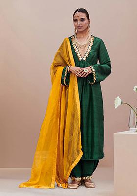 Dark Green Kurta Set With Hand Embroidered Salwar And Dupatta