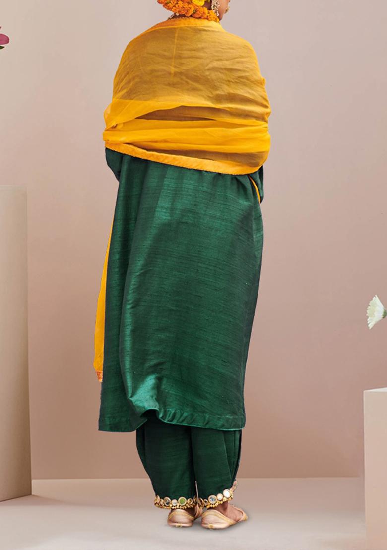 Dark Green Kurta Set With Hand Embroidered Salwar And Dupatta