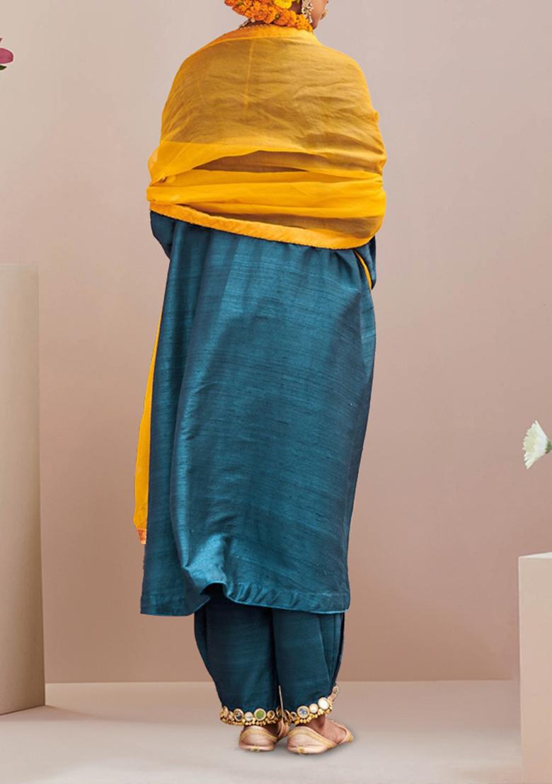 Teal Blue Kurta Set With Hand Embroidered Salwar And Dupatta