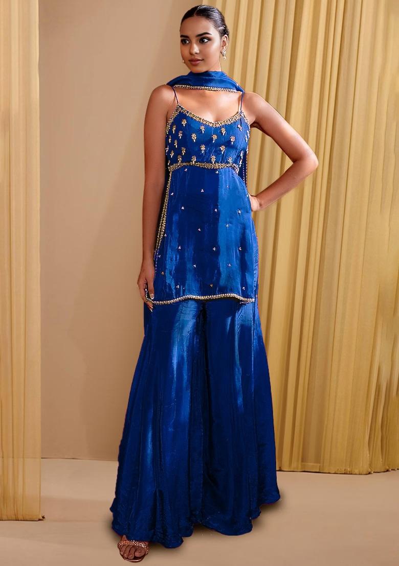 Buy Women Dark Blue Sharara Set With Hand Embroidered Kurta And