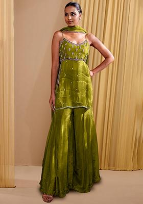 Lemon Green Sharara Set With Hand Embroidered Kurta And Dupatta