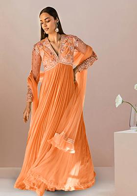 Orange Anarkali Set With Hand Embroidered Dupatta