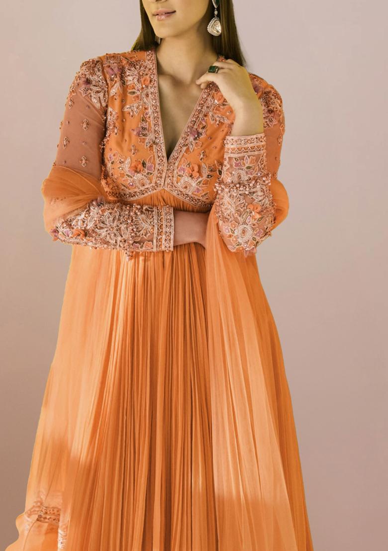 Orange Anarkali Set With Hand Embroidered Dupatta