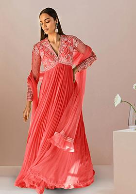 Peach Anarkali Set With Hand Embroidered Dupatta