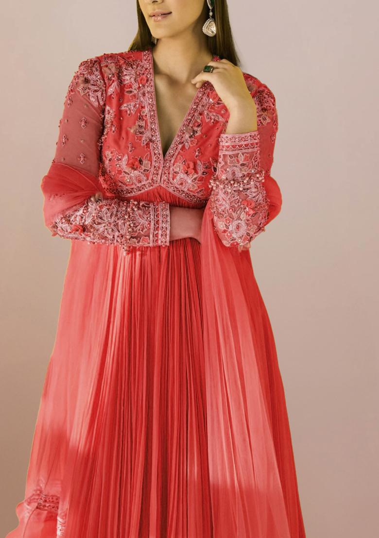 Peach Anarkali Set With Hand Embroidered Dupatta