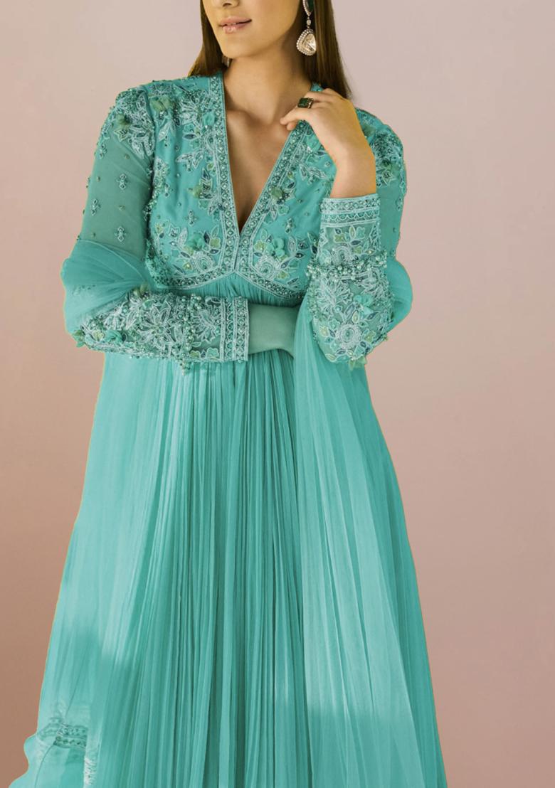 Green Anarkali Set With Hand Embroidered Dupatta