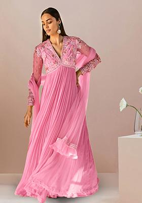 Pink Anarkali Set With Hand Embroidered Dupatta